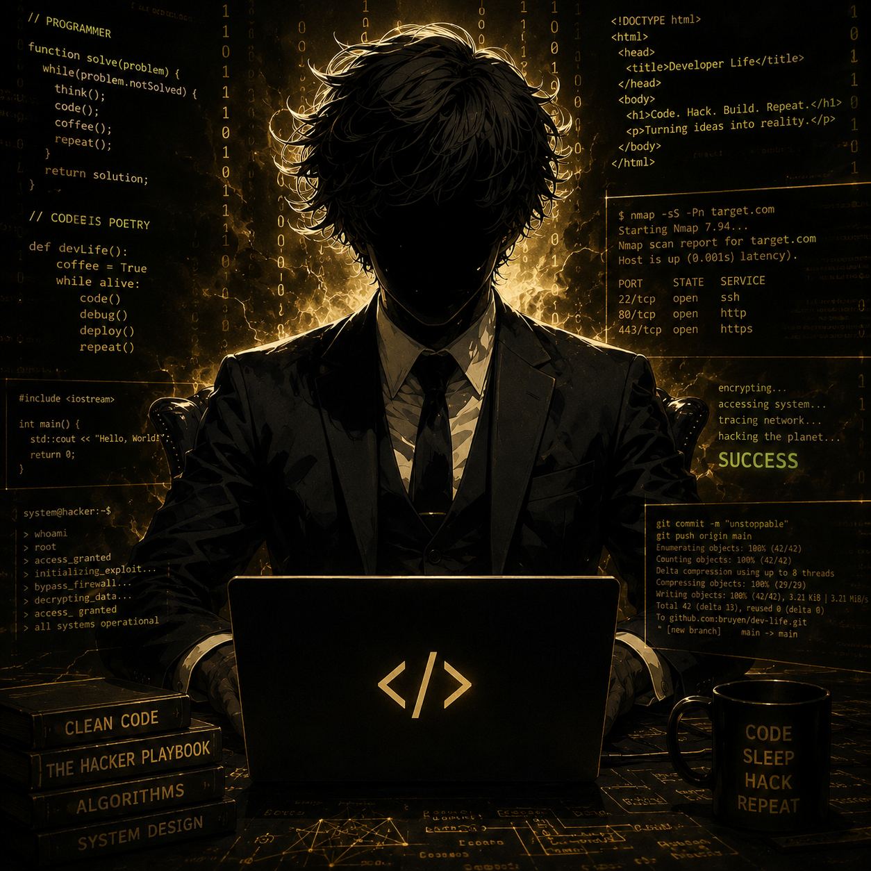 Ambiente de trabalho de segurança ofensiva: terminal com varredura Nmap, código e logs de sistema